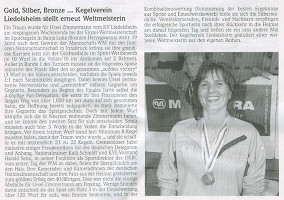 Gold, Silber, Bronze, ... Kegelverein Liedolsheim stellt erneut Weltmeisterin